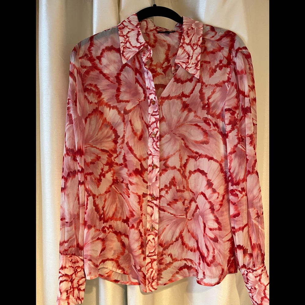 ESCADA Sheer 100% Silk-white blouse with soft pink and red floral pattern. Sz 38